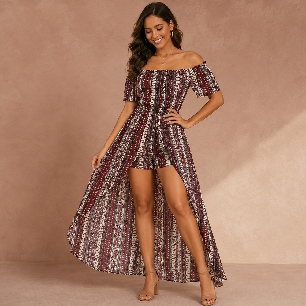 Ambiance Maroon Gray Striped Maxi Romper Women's Medium Desert Boho Festival